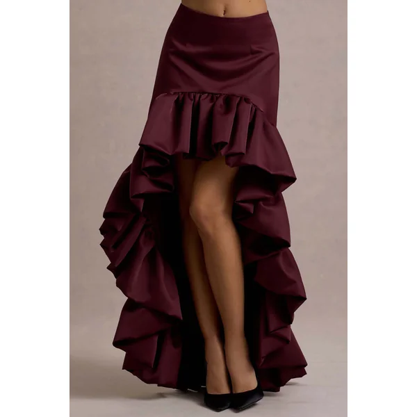 Ruby | Jupe longue asymétrique en satin merlot
