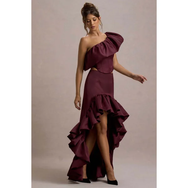 Ruby | Jupe longue asymétrique en satin merlot