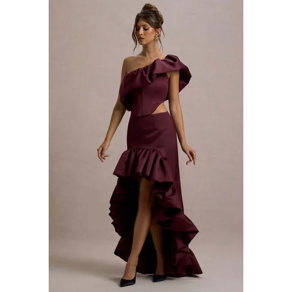 Ruby | Jupe longue asymétrique en satin merlot