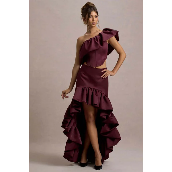 Ruby | Jupe longue asymétrique en satin merlot