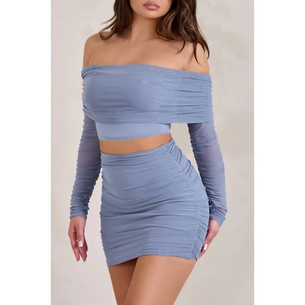 Rule Breaker | Crop top bardot en tulle fronce bleu bleuet