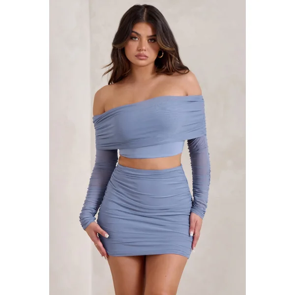Rule Breaker | Crop top bardot en tulle fronce bleu bleuet