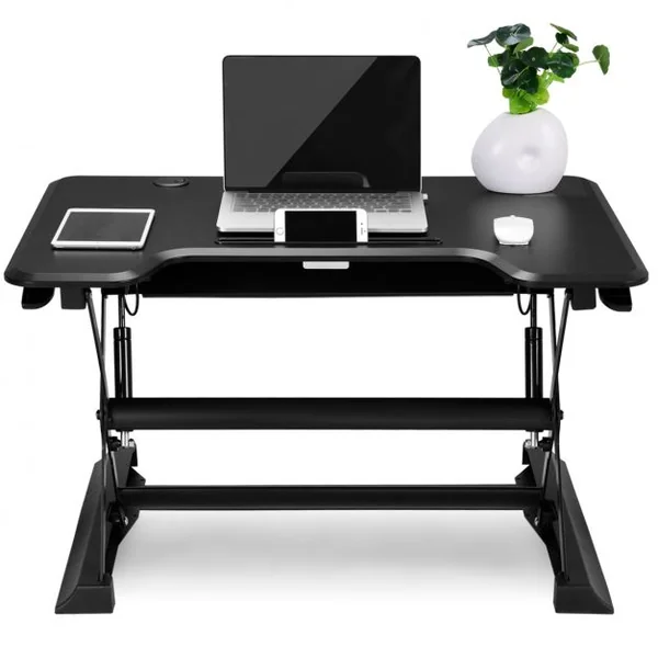 Réhausseur pour ordinateur assis-debout réglable en hauteur avec plateau de clavier rétractable, 90x60x11-43.5 cm, Noir