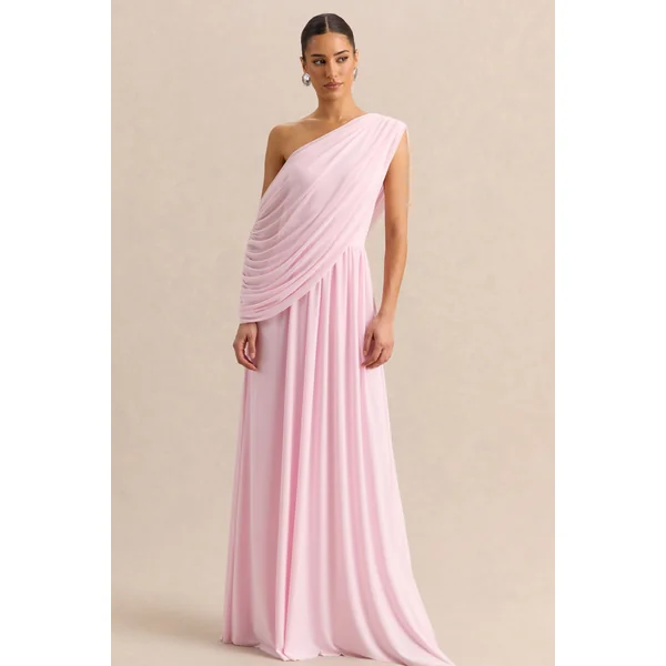 Sabianna | Robe longue rose à encolure asymétrique avec détails drapés