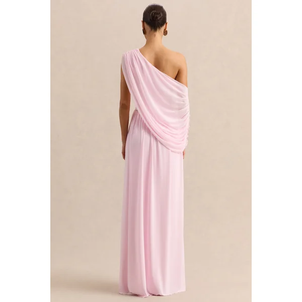 Sabianna | Robe longue rose à encolure asymétrique avec détails drapés