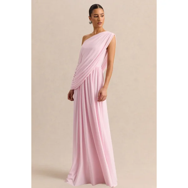 Sabianna | Robe longue rose à encolure asymétrique avec détails drapés