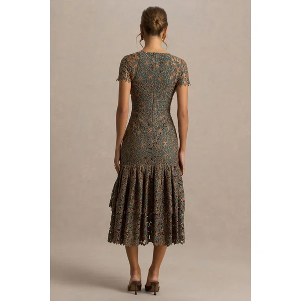 Sabrina | Robe mi-longue vert foncé et rouille brodée à décolleté plongeant