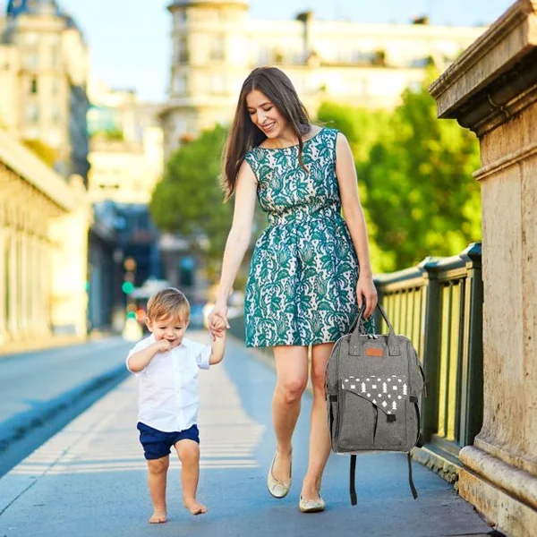 Sacs à Dos à Langer pour Bébé avec Matelas à Langer Câble Usb 2 Sangles en Tissu Oxford Etanche 29x18x45cm Gris