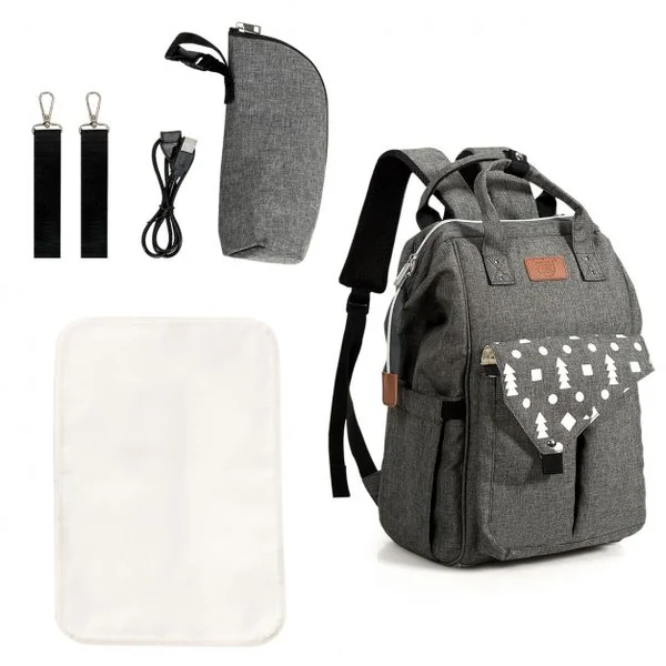 Sacs à Dos à Langer pour Bébé avec Matelas à Langer Câble Usb 2 Sangles en Tissu Oxford Etanche 29x18x45cm Gris