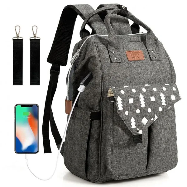 Sacs à Dos à Langer pour Bébé avec Matelas à Langer Câble Usb 2 Sangles en Tissu Oxford Etanche 29x18x45cm Gris