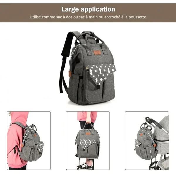 Sacs à Dos à Langer pour Bébé avec Matelas à Langer Câble Usb 2 Sangles en Tissu Oxford Etanche 29x18x45cm Gris