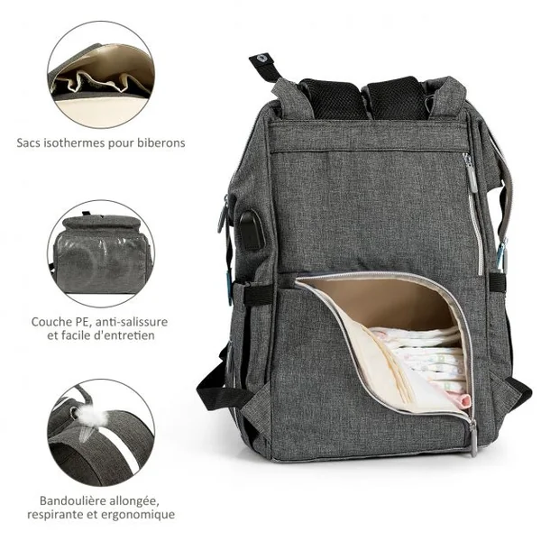 Sacs à Dos à Langer pour Bébé avec Matelas à Langer Câble Usb 2 Sangles en Tissu Oxford Etanche 29x18x45cm Gris