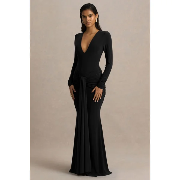 Saffie | Robe longue noire portefeuille à décolleté plongeant extrême avec manches longues et détails froncés