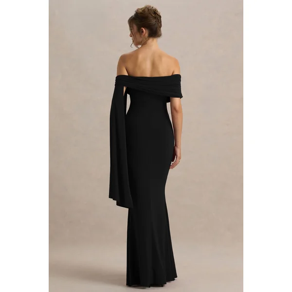 Saffina | Robe longue noire à décolleté bardot avec ceinture fluide