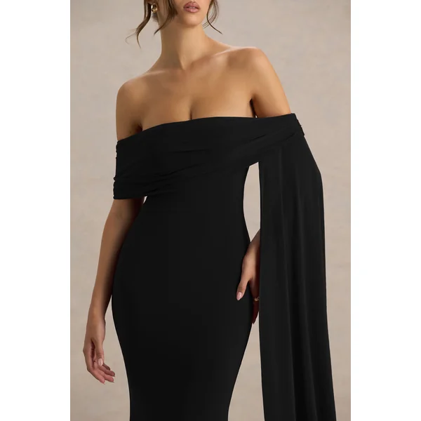 Saffina | Robe longue noire à décolleté bardot avec ceinture fluide