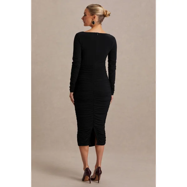 Saffron | Robe de maternité mi-longue noire à décolleté arrondi