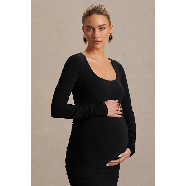 Saffron | Robe de maternité mi-longue noire à décolleté arrondi