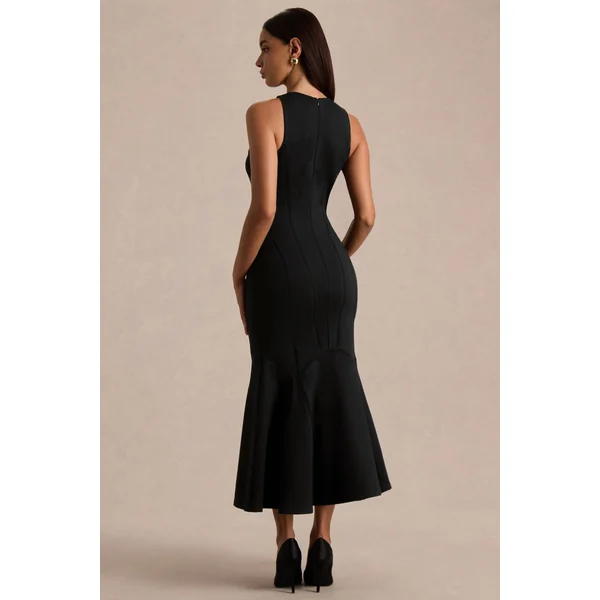 Sally | Robe mi-longue noire à col rond et taille basse