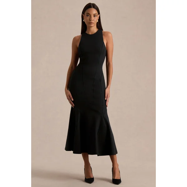 Sally | Robe mi-longue noire à col rond et taille basse