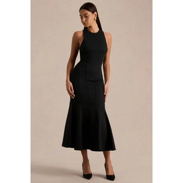 Sally | Robe mi-longue noire à col rond et taille basse