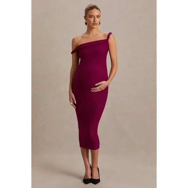 Salome | Robe de maternité mi-longue bordeaux à encolure asymétrique et détail torsadé