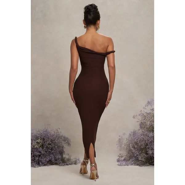 Salome | Robe mi-longue de maternité marron à encolure asymétrique torsadée
