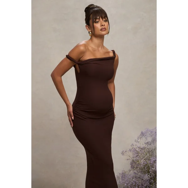 Salome | Robe mi-longue de maternité marron à encolure asymétrique torsadée