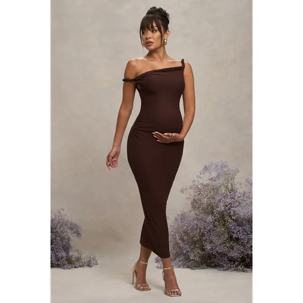 Salome | Robe mi-longue de maternité marron à encolure asymétrique torsadée
