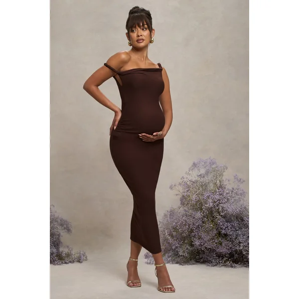 Salome | Robe mi-longue de maternité marron à encolure asymétrique torsadée