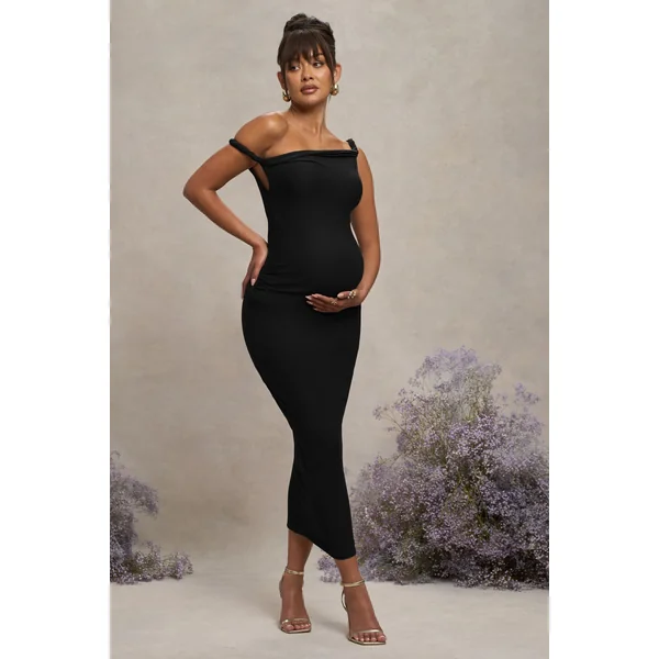 Salome | Robe Mi-Longue de Maternité Noire Asymétrique Torsadée