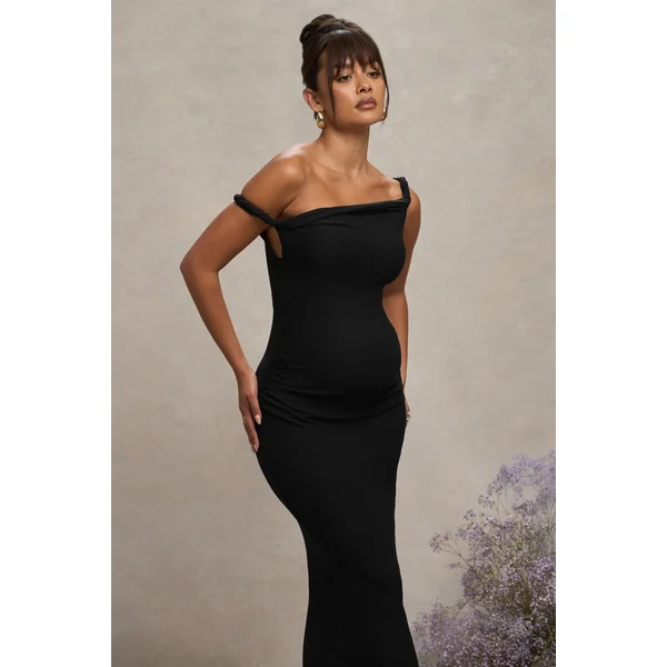 Salome | Robe Mi-Longue de Maternité Noire Asymétrique Torsadée