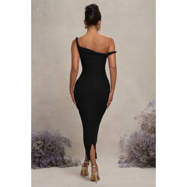 Salome | Robe Mi-Longue de Maternité Noire Asymétrique Torsadée