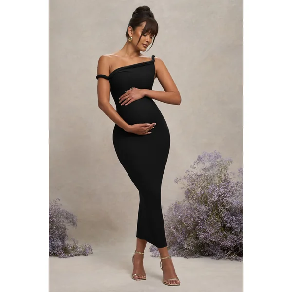 Salome | Robe Mi-Longue de Maternité Noire Asymétrique Torsadée