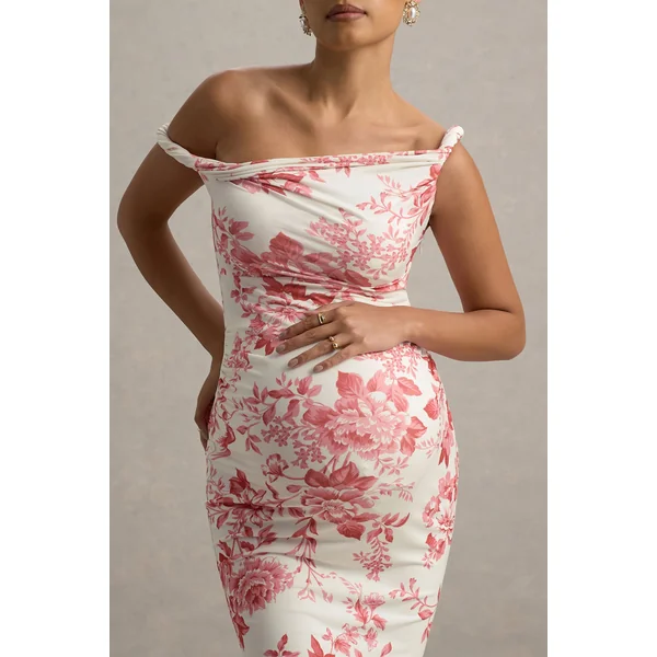 Salome | Robe mi-longue de maternité rose fleurit à encolure asymétrique torsadée