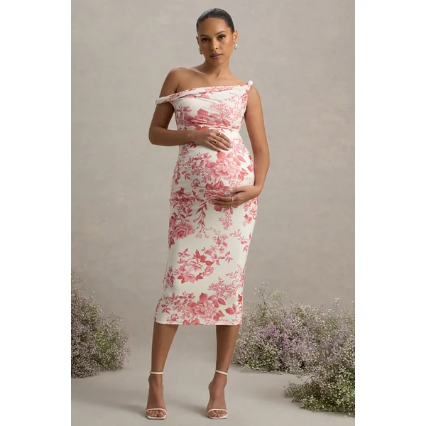 Salome | Robe mi-longue de maternité rose fleurit à encolure asymétrique torsadée