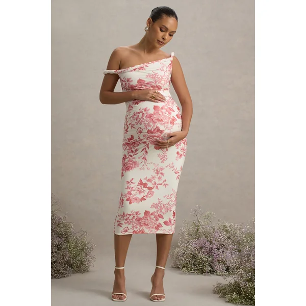 Salome | Robe mi-longue de maternité rose fleurit à encolure asymétrique torsadée