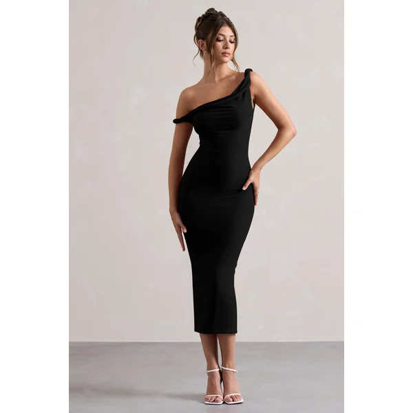 Salome | Robe mi-longue noire torsadée et asymétrique
