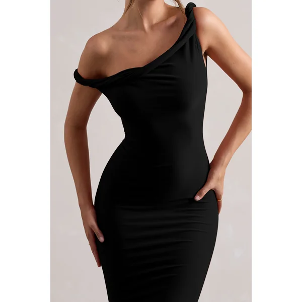 Salome | Robe mi-longue noire torsadée et asymétrique