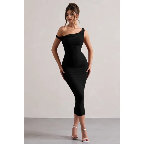 Salome | Robe mi-longue noire torsadée et asymétrique