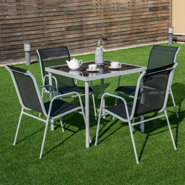 Salon de Jardin avec 1 Table avec Plateau en Verre Trempée et 4 Chaises en Textilene et Aluminium Gris Argenté