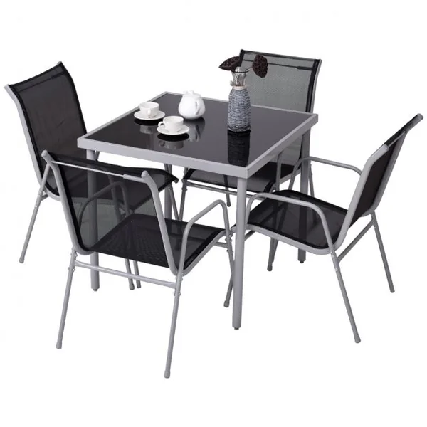 Salon de Jardin avec 1 Table avec Plateau en Verre Trempée et 4 Chaises en Textilene et Aluminium Gris Argenté