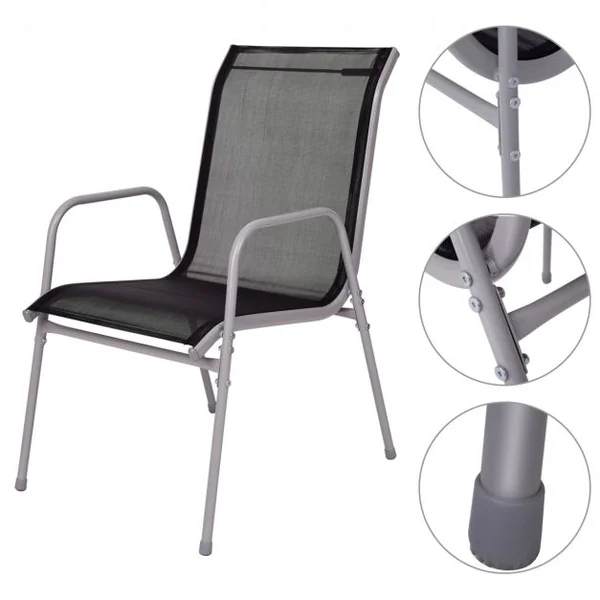 Salon de Jardin avec 1 Table avec Plateau en Verre Trempée et 4 Chaises en Textilene et Aluminium Gris Argenté