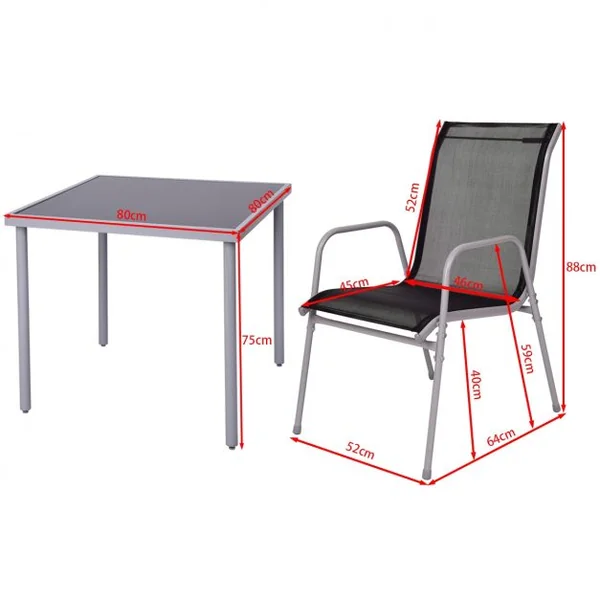 Salon de Jardin avec 1 Table avec Plateau en Verre Trempée et 4 Chaises en Textilene et Aluminium Gris Argenté