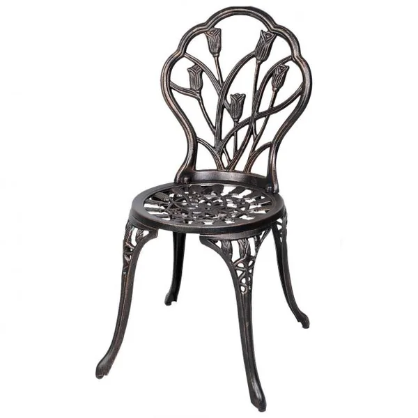 Salon de jardin avec 1 table ronde et 2 chaises en fonte d’aluminium Style rétro avec motif tulipe avec trou de parasol