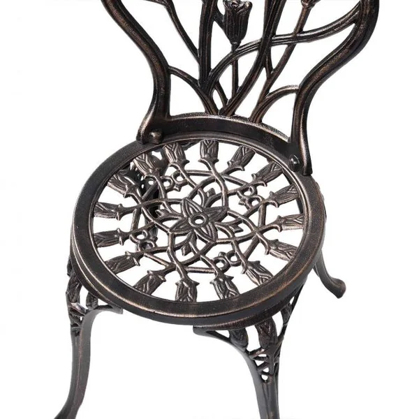 Salon de jardin avec 1 table ronde et 2 chaises en fonte d’aluminium Style rétro avec motif tulipe avec trou de parasol