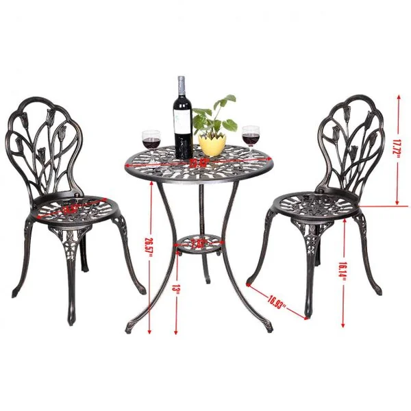 Salon de jardin avec 1 table ronde et 2 chaises en fonte d’aluminium Style rétro avec motif tulipe avec trou de parasol