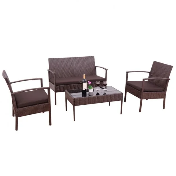 Salon de jardin en rotin tressé avec 1 canapé 2 Chaises 3 coussins 1 Table basse avec plateau en verre, Marron
