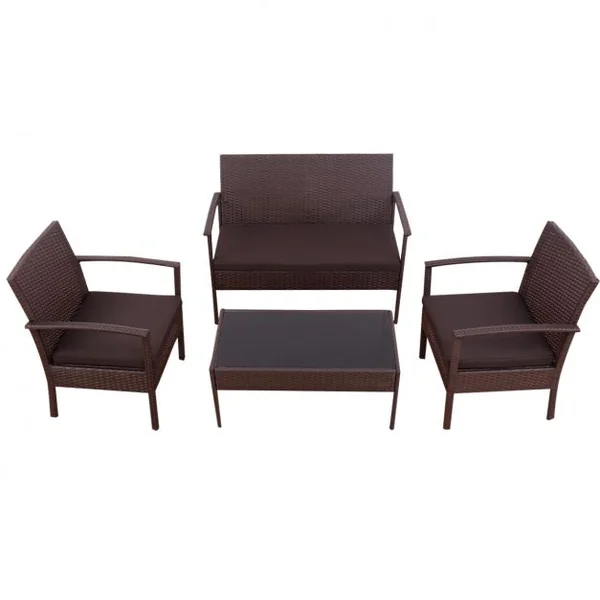 Salon de jardin en rotin tressé avec 1 canapé 2 Chaises 3 coussins 1 Table basse avec plateau en verre, Marron