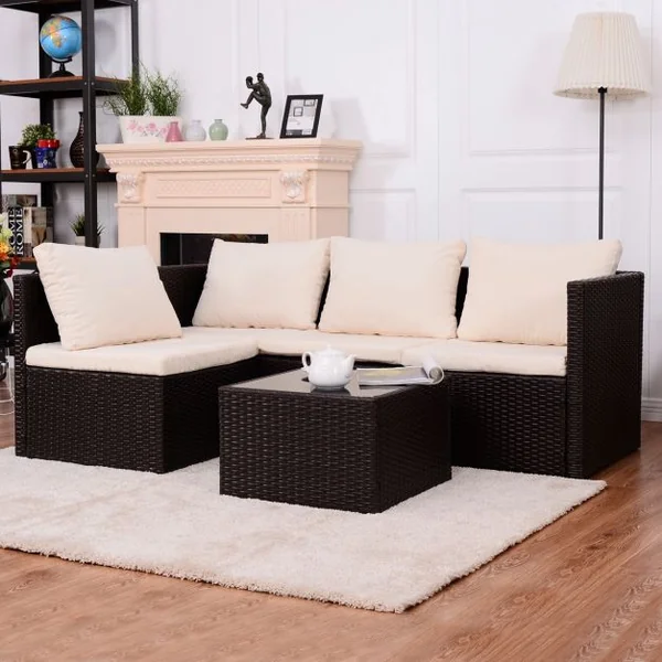 Salon de Jardin en Résine Tressée 2 Fauteuils Simples 1 Causeuse 1 table Coussins Beige en Poly Rotin et Rer Marron