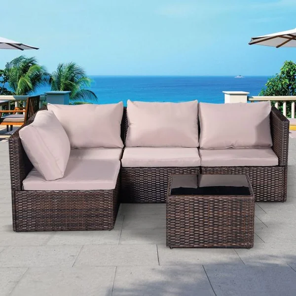 Salon de Jardin en Résine Tressée 2 Fauteuils Simples 1 Causeuse 1 table Coussins Beige en Poly Rotin et Rer Marron